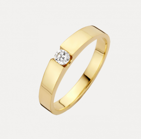 14 KARAAT GEEL GOUDEN RING MODEL STRETTO MET BRILJANT.
Strak vormgegeven robuuste comfortabele ring met briljant geslepen diamant die een eenheid met de ring vormt. Uitstekend te combineren met aanschuifringen. fantastische set te creëren met bijpassende hanger en oorsieraden.